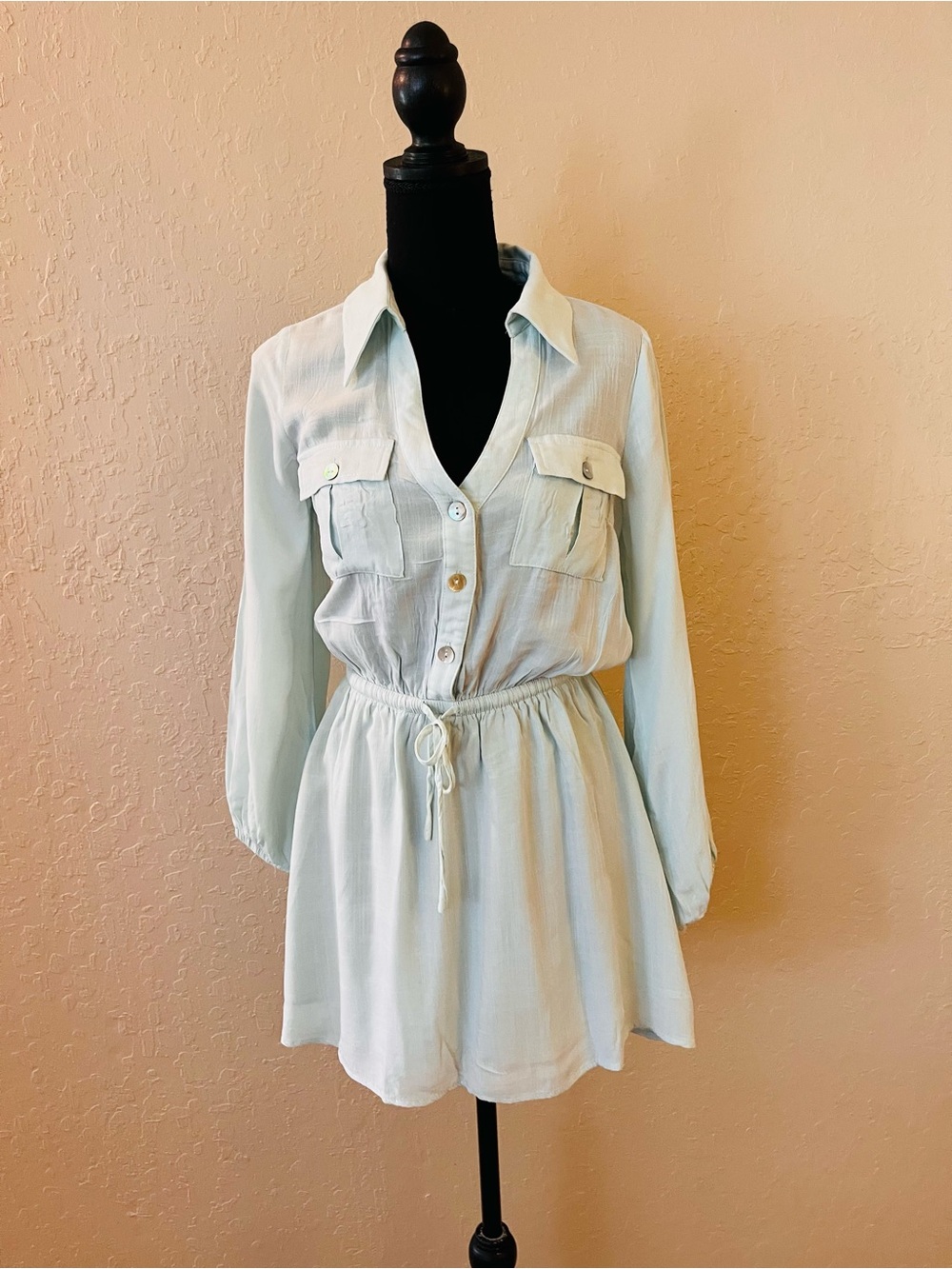 Light Blue Long Sleeve Button-Front Drawstring Shirt Dress